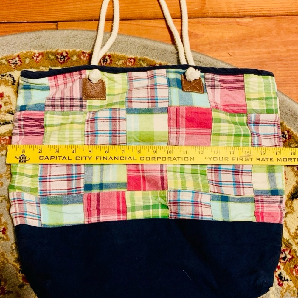 Handmade tote bag washable reusable patchwork plaid pink blue green canvas - Picture 8 of 9